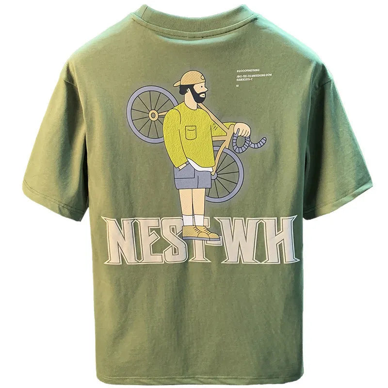 Green men's loose t-shirt with a literary graphic print on the front, short sleeves.