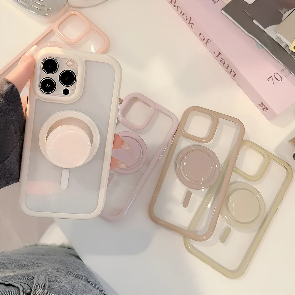 Magnetic bracket phone case for iPhone 16 in transparent style with black edge, showing stand flipped out