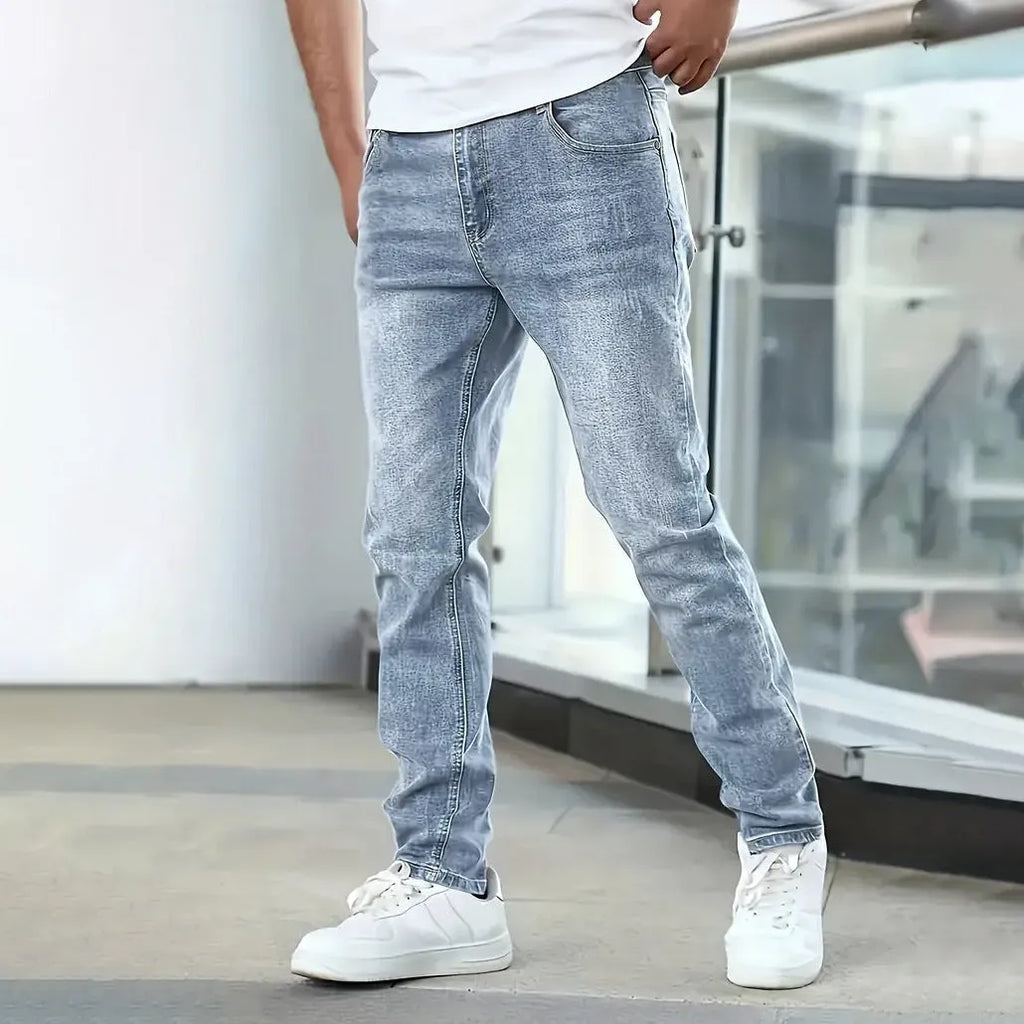 Men's straight leg stretch jeans in black, dark blue and grey solid colours with skinny fit