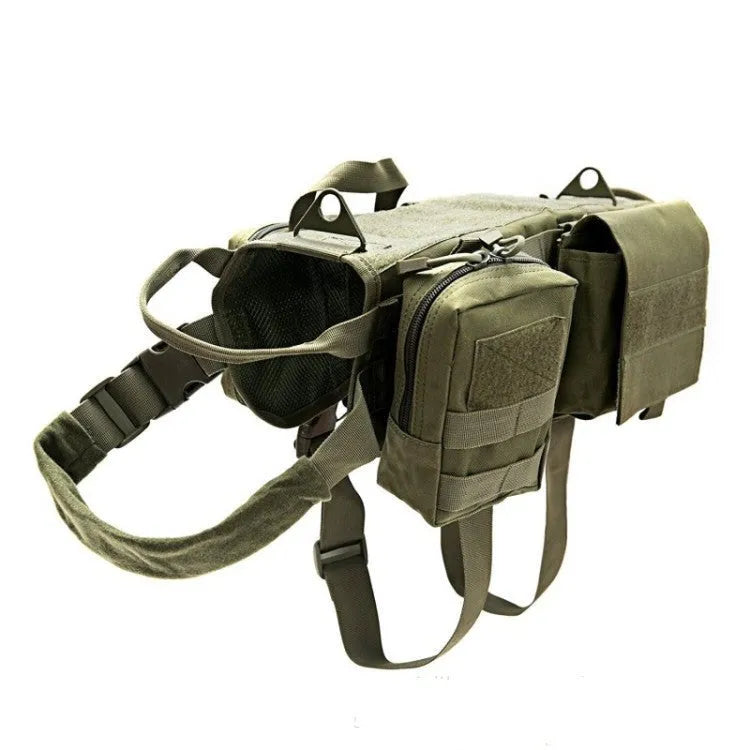 Dog combat vest in 600D nylon waterproof fabric with nylon webbing, adjustable neck and bust, sizes S to XL
