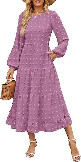 Women's beige high waist long sleeve dress with ruffle sleeves, shown front view.
