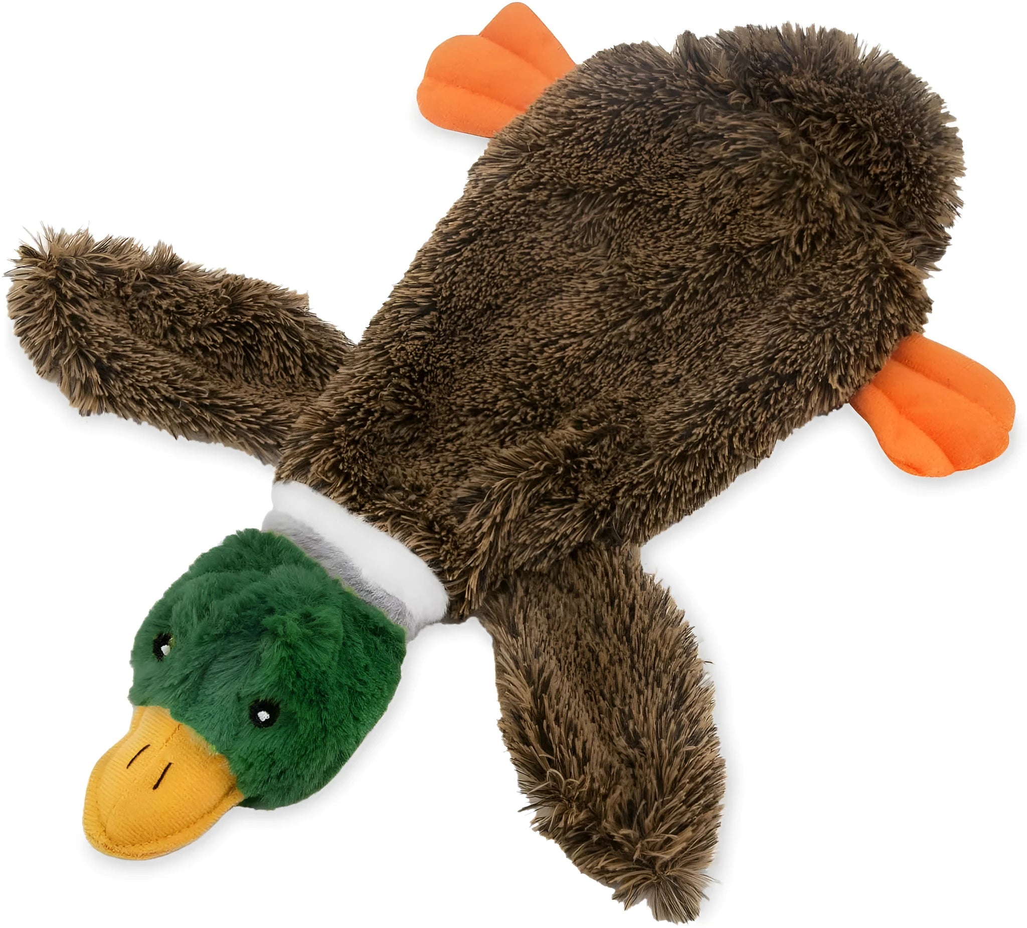 Green wild duck design stuffless dog toy with dual squeakers and bottle cavity opening