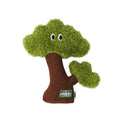 Pine tree shaped hanging cat toy with textured surface and bag of catnip.