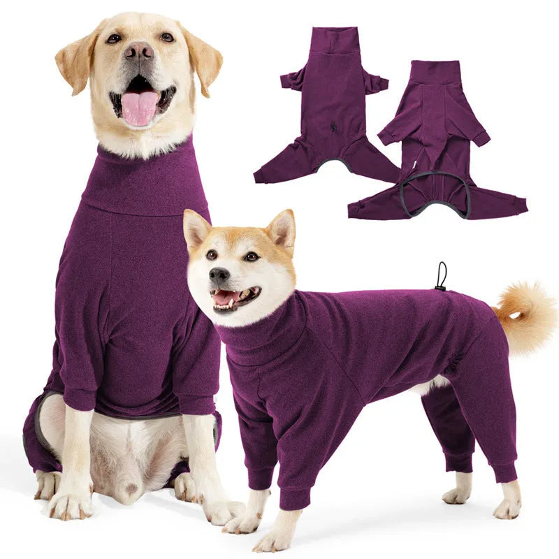 Dark grey polar fleece dog clothes with high collar and four-legged design for winter warmth