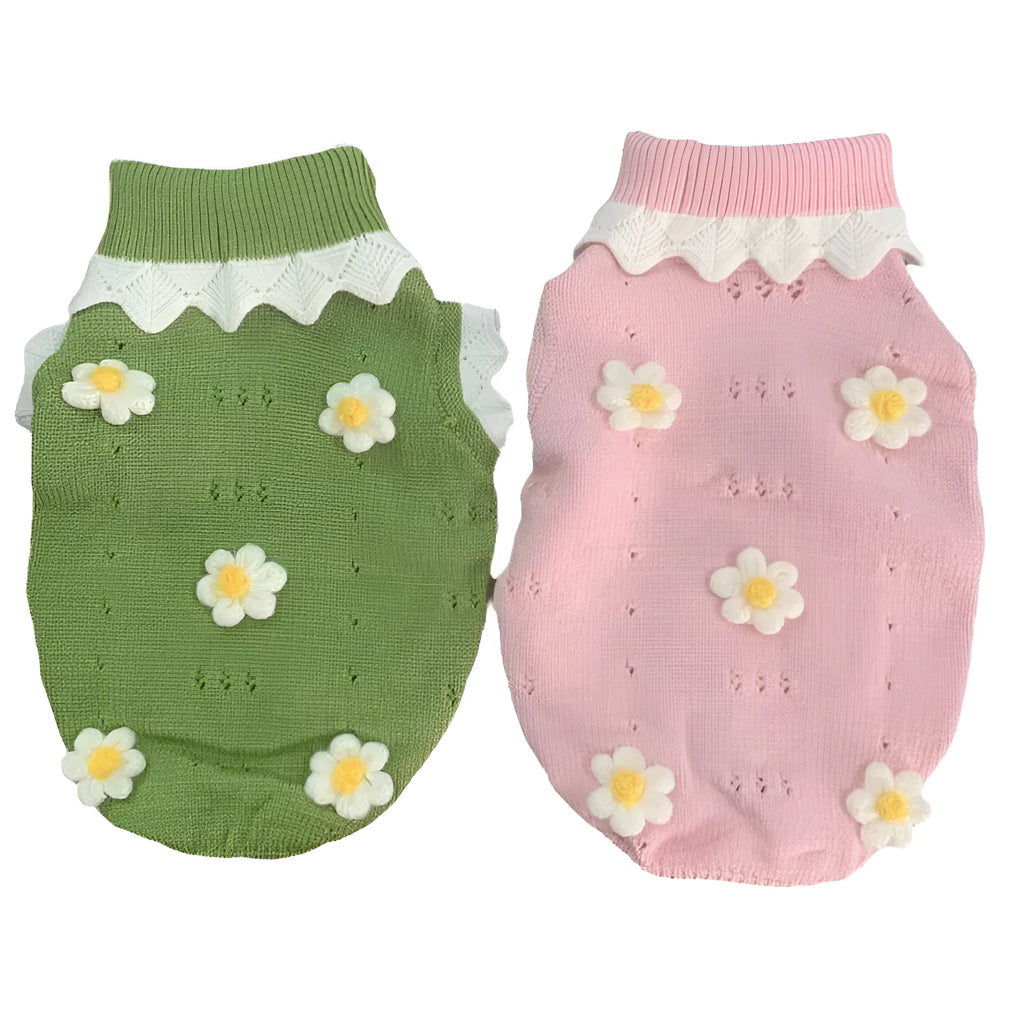 Green flower blossom dog sweater on a small pet showing detailed sizing options