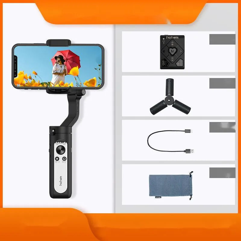 Black 3-axis smartphone stabilizer folded to 179mm size with USB port visible