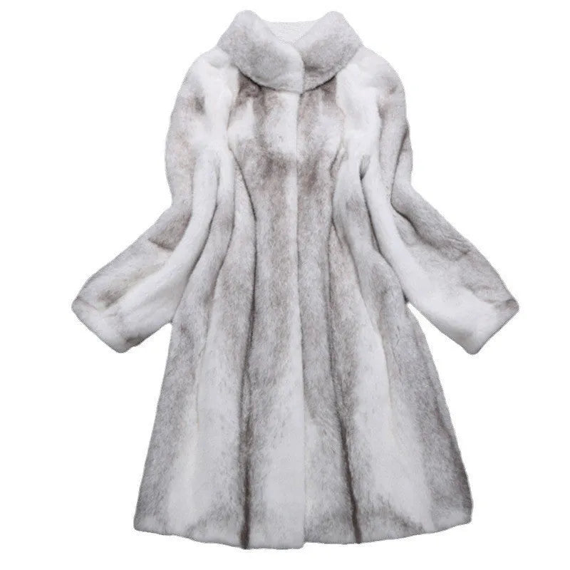Women's long white faux fur coat with stand-up collar showing front view