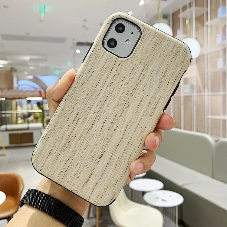 Wooden back cover case for iPhone in rosewood, teak, black rose, and walnut wood finishes.