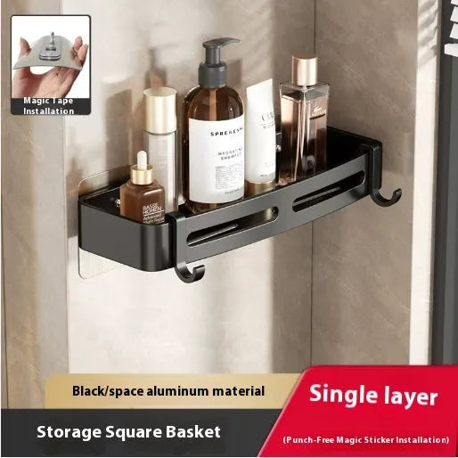 Gun grey triangle bathroom storage rack mounted in corner with towels and toiletries