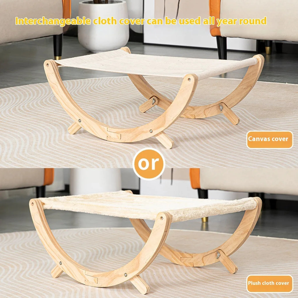 Solid wood cat shaker bed with foldable hammock measuring 55cm long