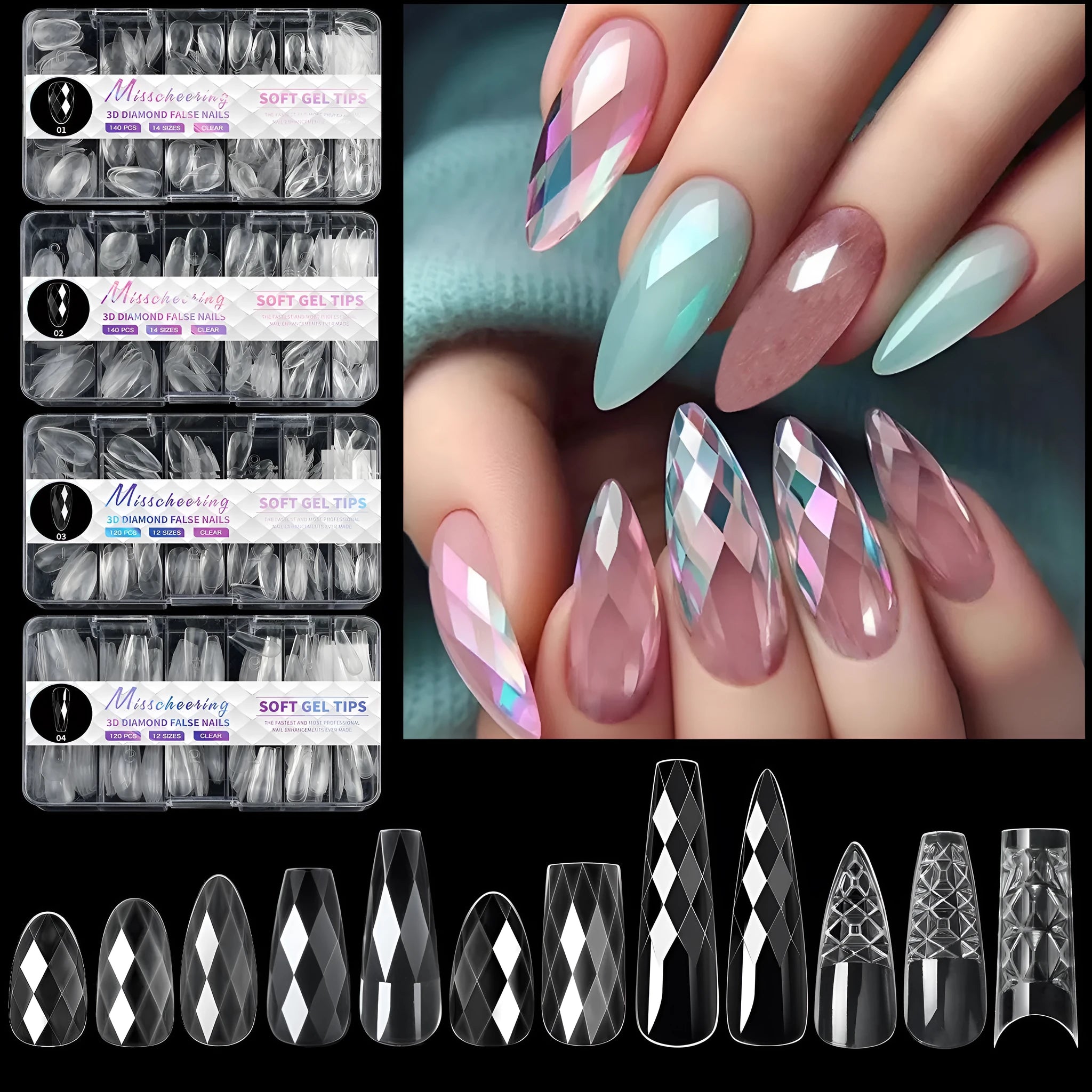 3D diamond design long nail tips in twelve colour variations, 120-140 pieces per box