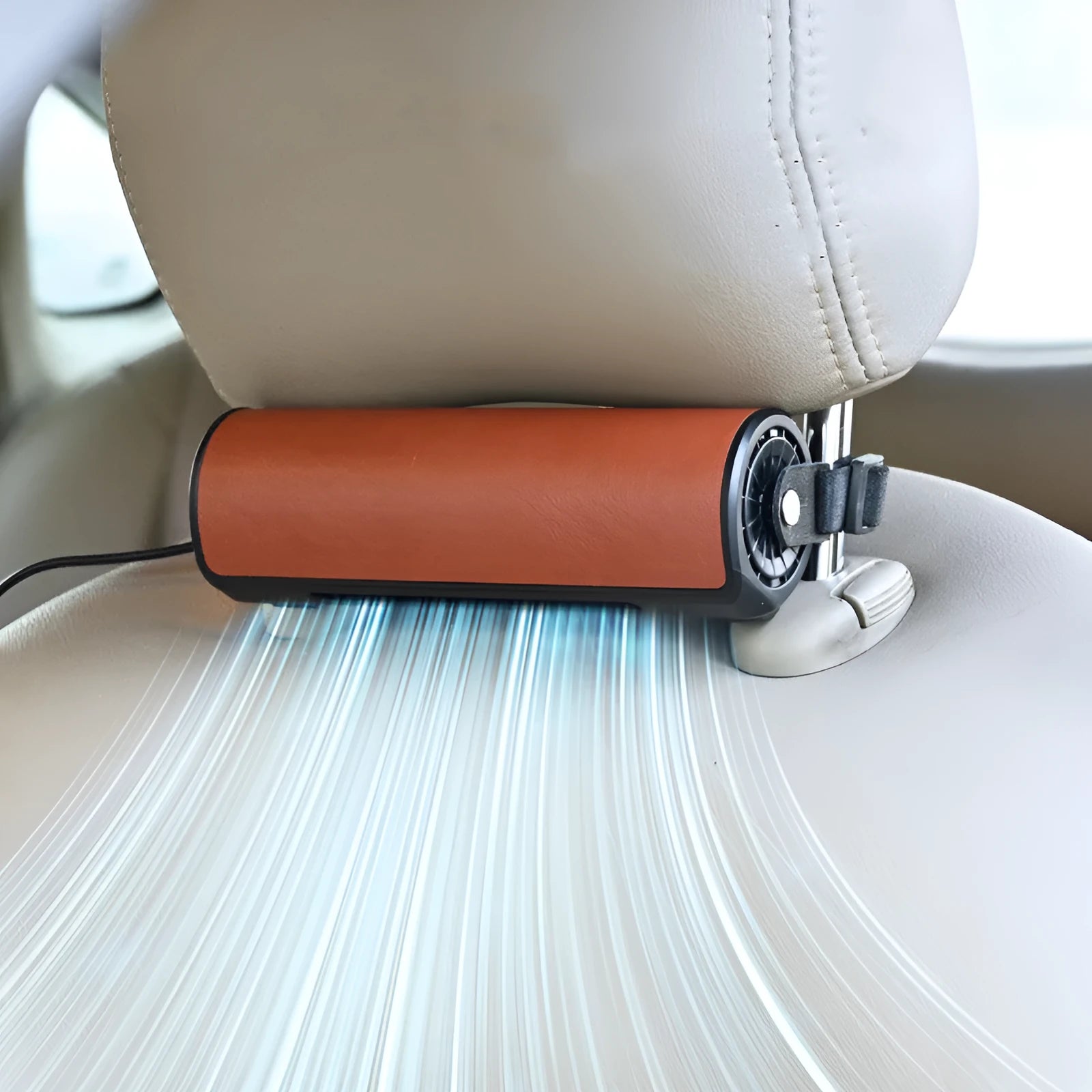 USB-powered car fan for rear seats with 1.5 metre cable, shown in black, brown, and red colour options