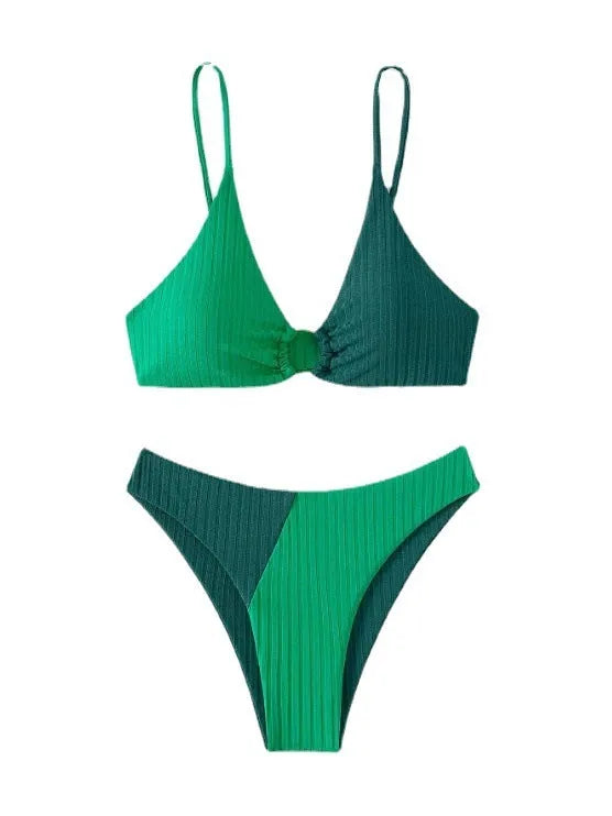 Solid colour stitching bikini set in polyester, six colours available, women's swimwear for swimming and wading