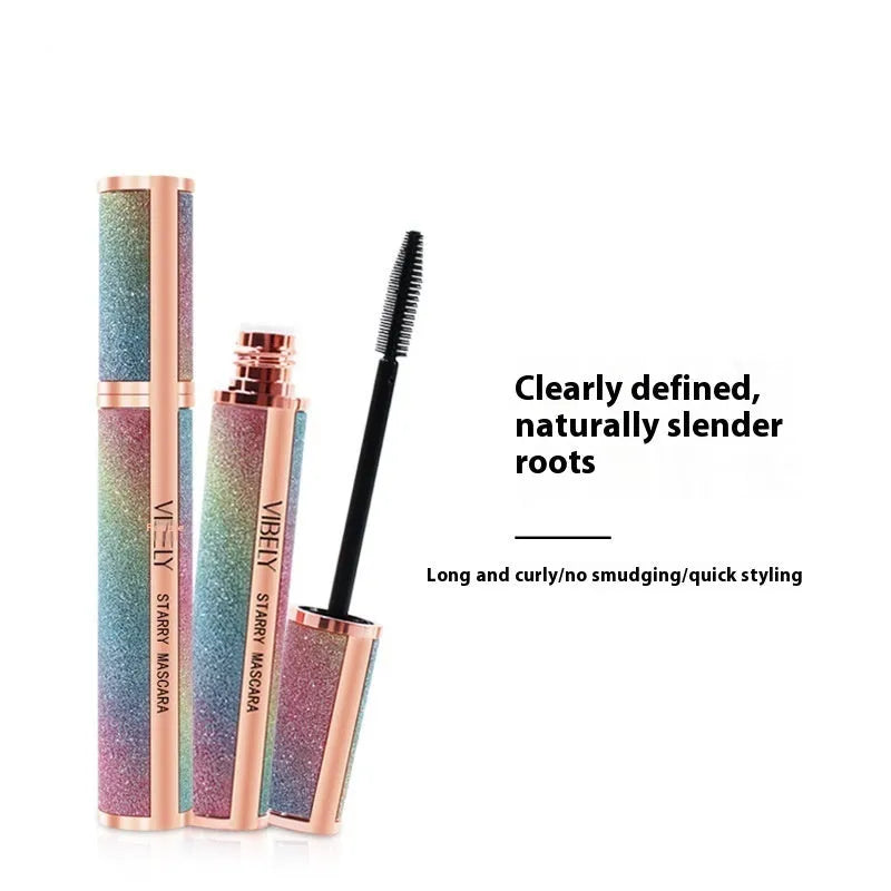 Black 4D waterproof mascara wand with English packaging for long, thick, curling lashes.