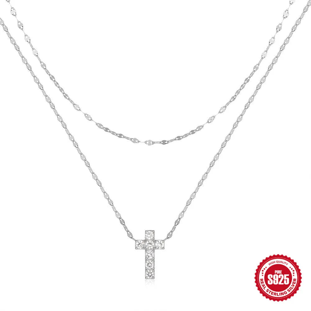 S925 sterling silver double-layer twin diamond cross pendant necklace on a delicate clavicle chain.