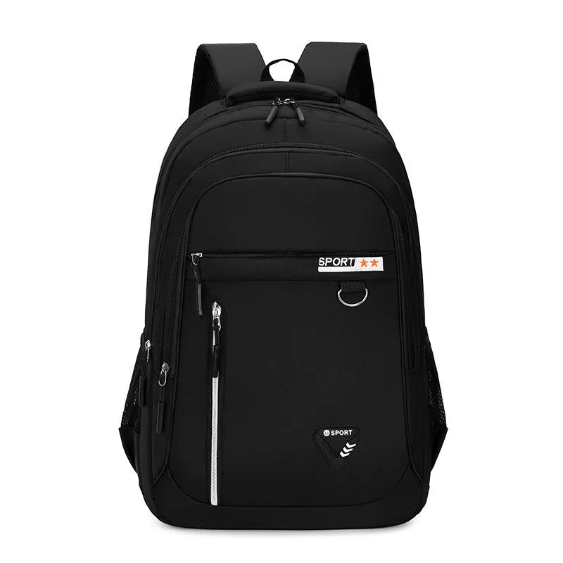 Men's Oxford cloth schoolbag with letters pattern in multiple colour options showing air pillow belt system