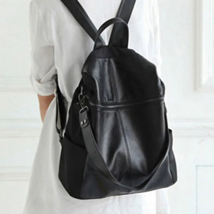 Genuine leather women's retro backpack showing organisation compartments and waterproof construction