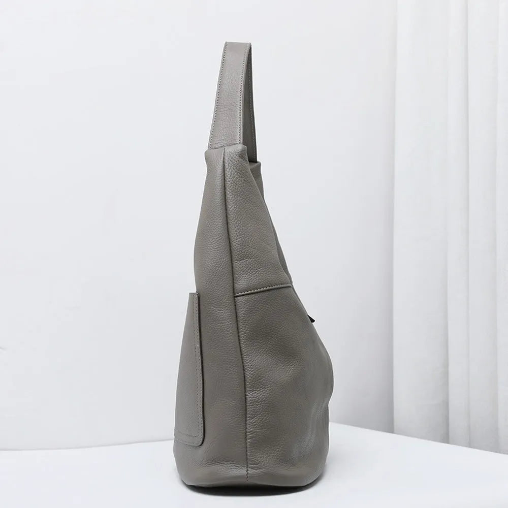 Large capacity soft first layer cowhide genuine leather bucket bag with zip pockets in black, coffee, khaki grey or dark blue