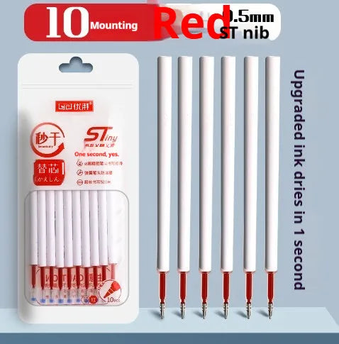 Four bullet-shaped ballpoint pen refills with quick-dry ink in black, blue, red, and ink blue colours.