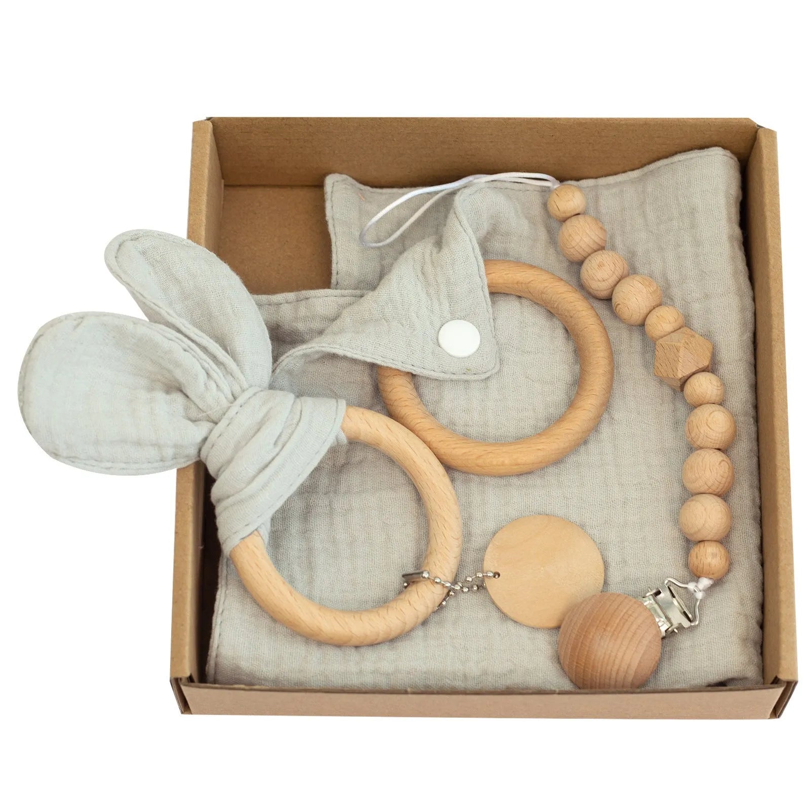 Baby teething toy set with bamboo blanket, wooden teether, bell, tyre brush and milestone for infant development