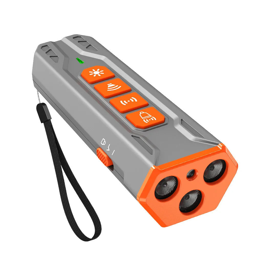 Three-head adjustable ultrasonic dog trainer in grey orange and black orange colour options