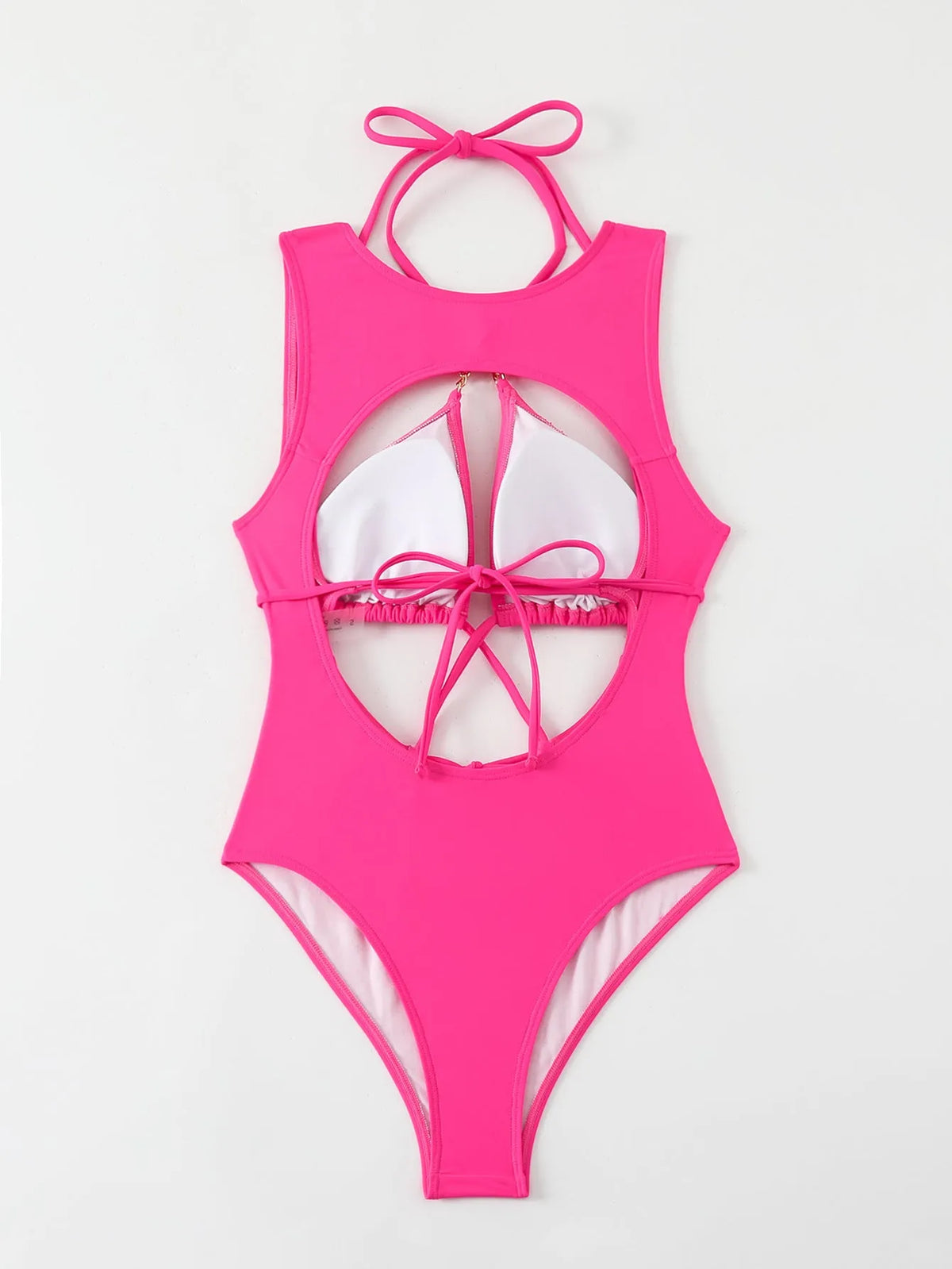 Bright pink one-piece swimsuit with cutout strap, nylon fabric and lining, sizes S M L for women