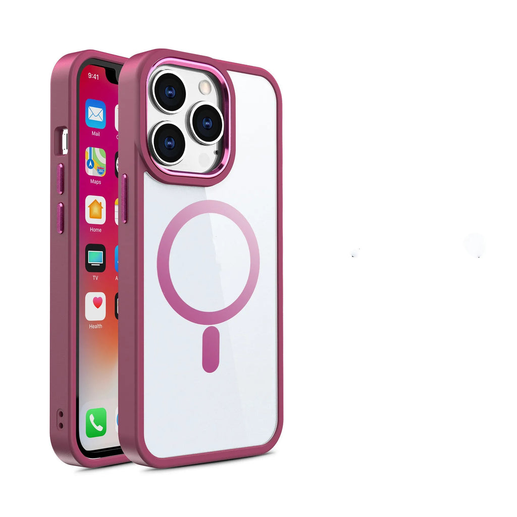 Transparent magnetic silicone phone case for iPhone on a table, showing the solid colour accent and integrated ring.