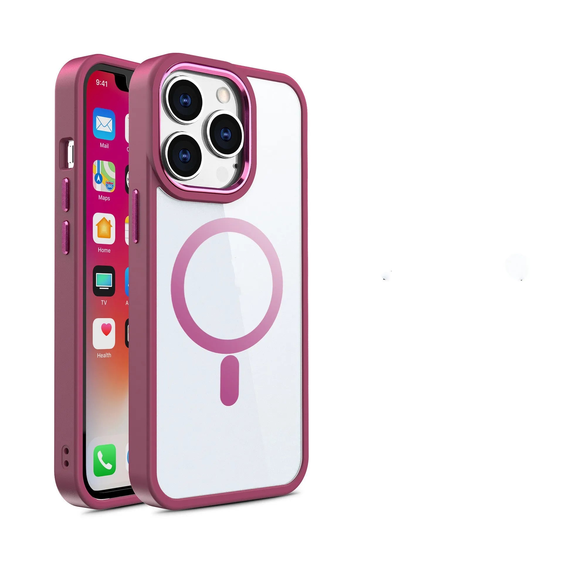 Transparent magnetic silicone phone case for iPhone on a table, showing the solid colour accent and integrated ring.