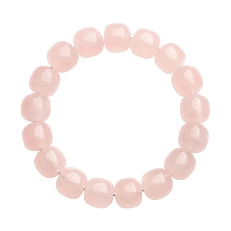 Pink crystal barrel bead bracelet with natural bamboo elements, geometric 11-12mm beads