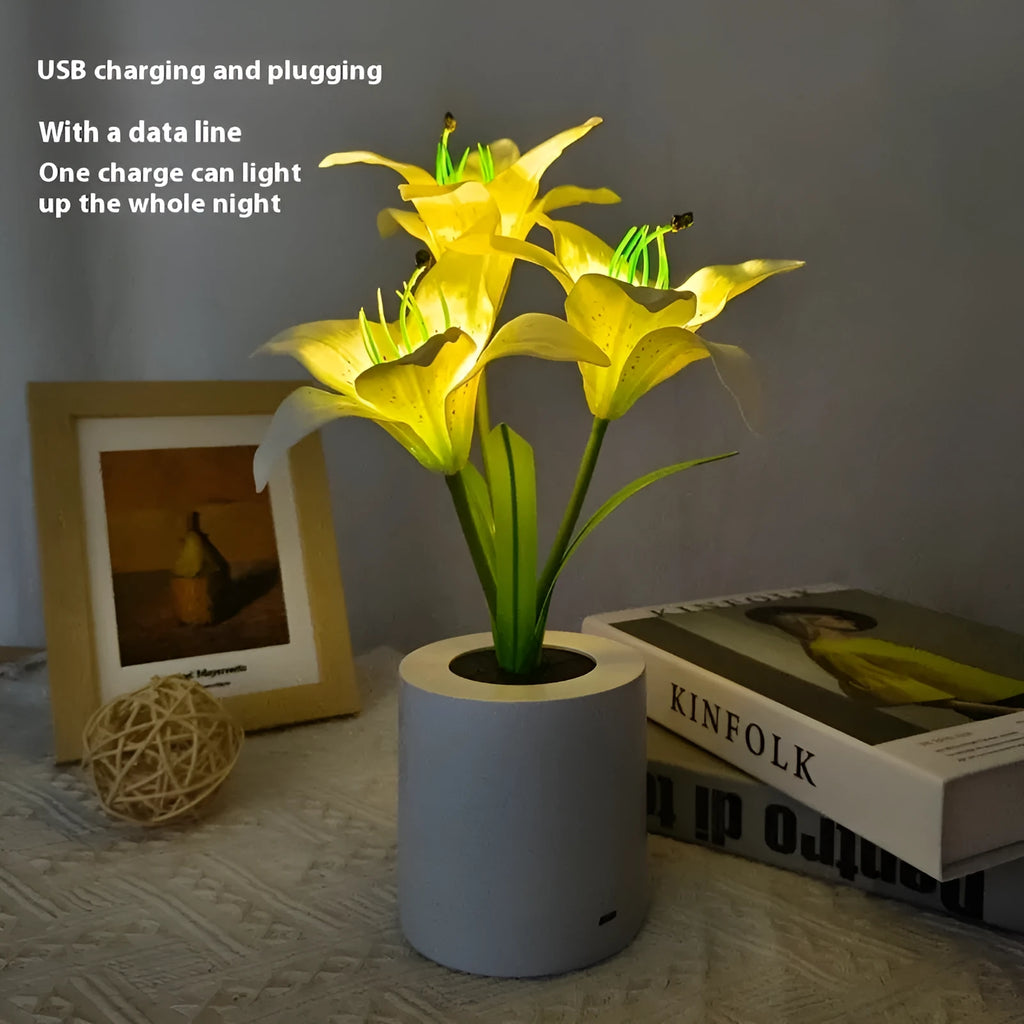 Rechargeable LED lily flower pot lamp with lily-white glow, flower shape on tabletop