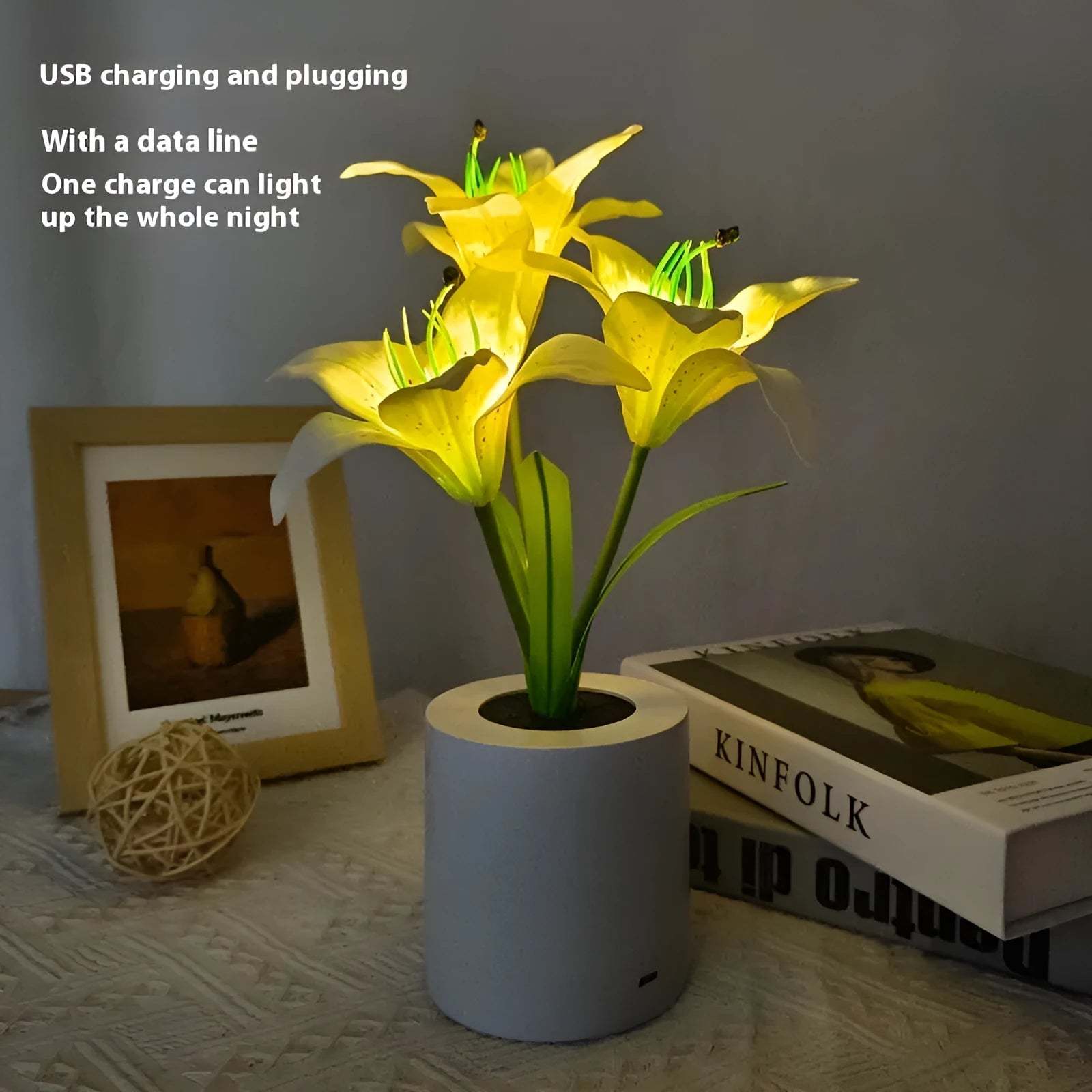 Rechargeable LED lily flower pot lamp with lily-white glow, flower shape on tabletop