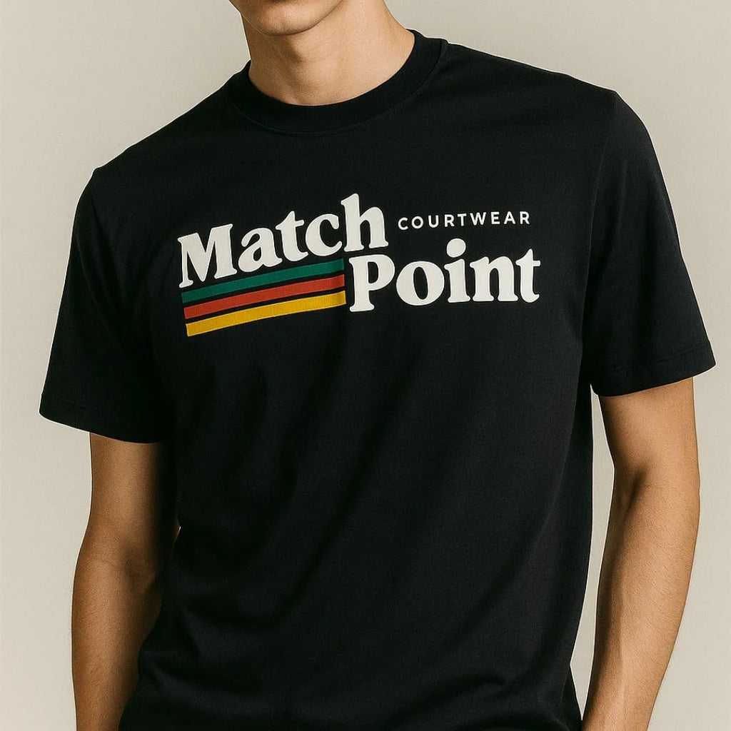 Black men's T-shirt with a 3D digital printed text pattern on the front.
