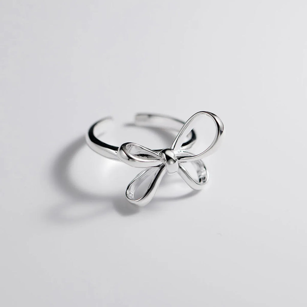 S925 silver bow ring with adjustable open band, simple line design, silver finish