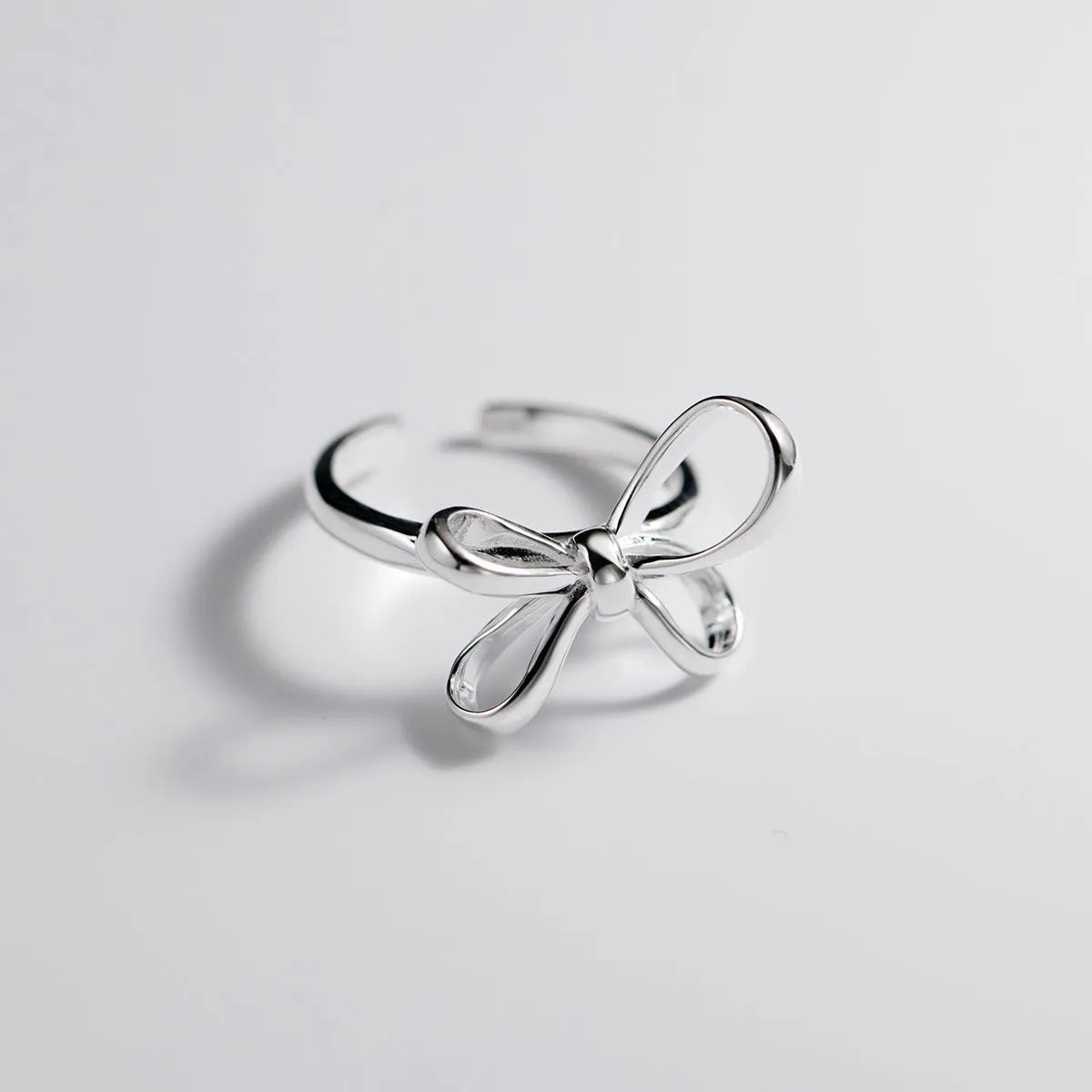 S925 silver bow ring with adjustable open band, simple line design, silver finish