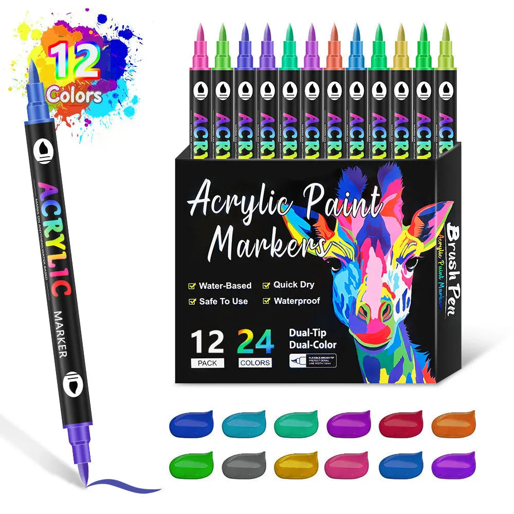 Set of double-headed acrylic marker pens showing two colour tips per pen with washable opaque ink