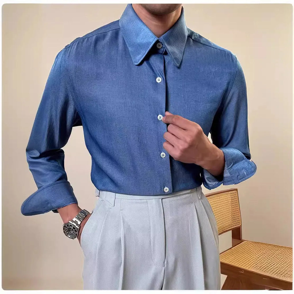 Men's blue round collar long sleeve shirt in slim fit design for casual and business wear