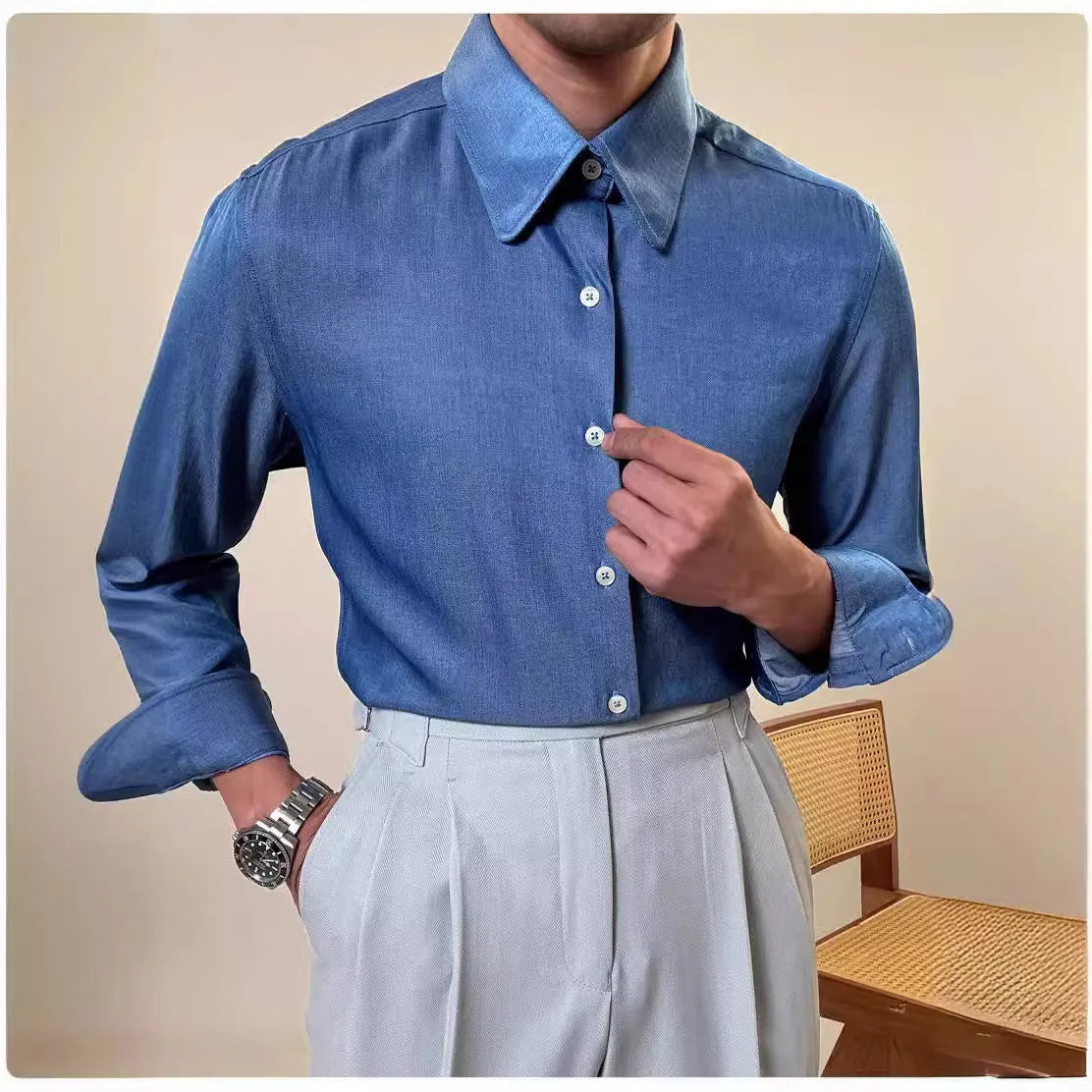 Men's blue round collar long sleeve shirt in slim fit design for casual and business wear