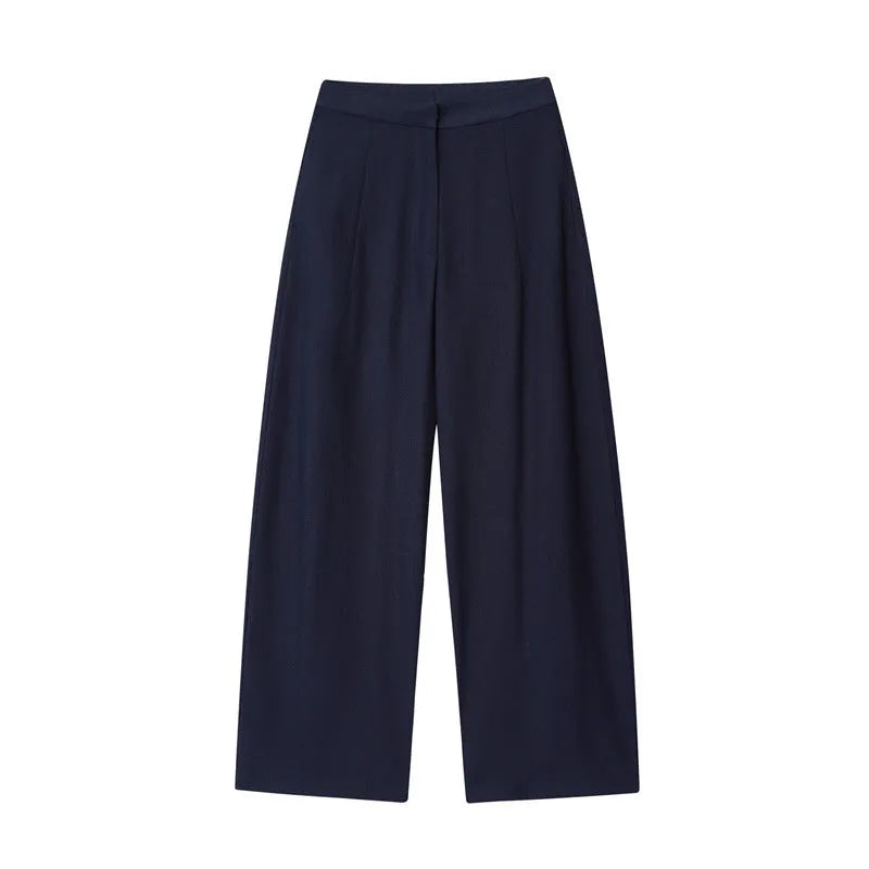 Women's linen-blend co-ord set featuring an off-neck top with flounced sleeves and wide-leg trousers.