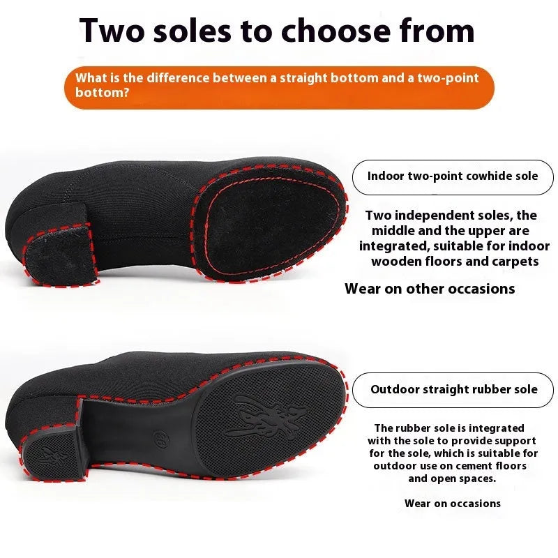 Black Oxford cloth men's dancing shoes with middle heel, rubber sole, front view