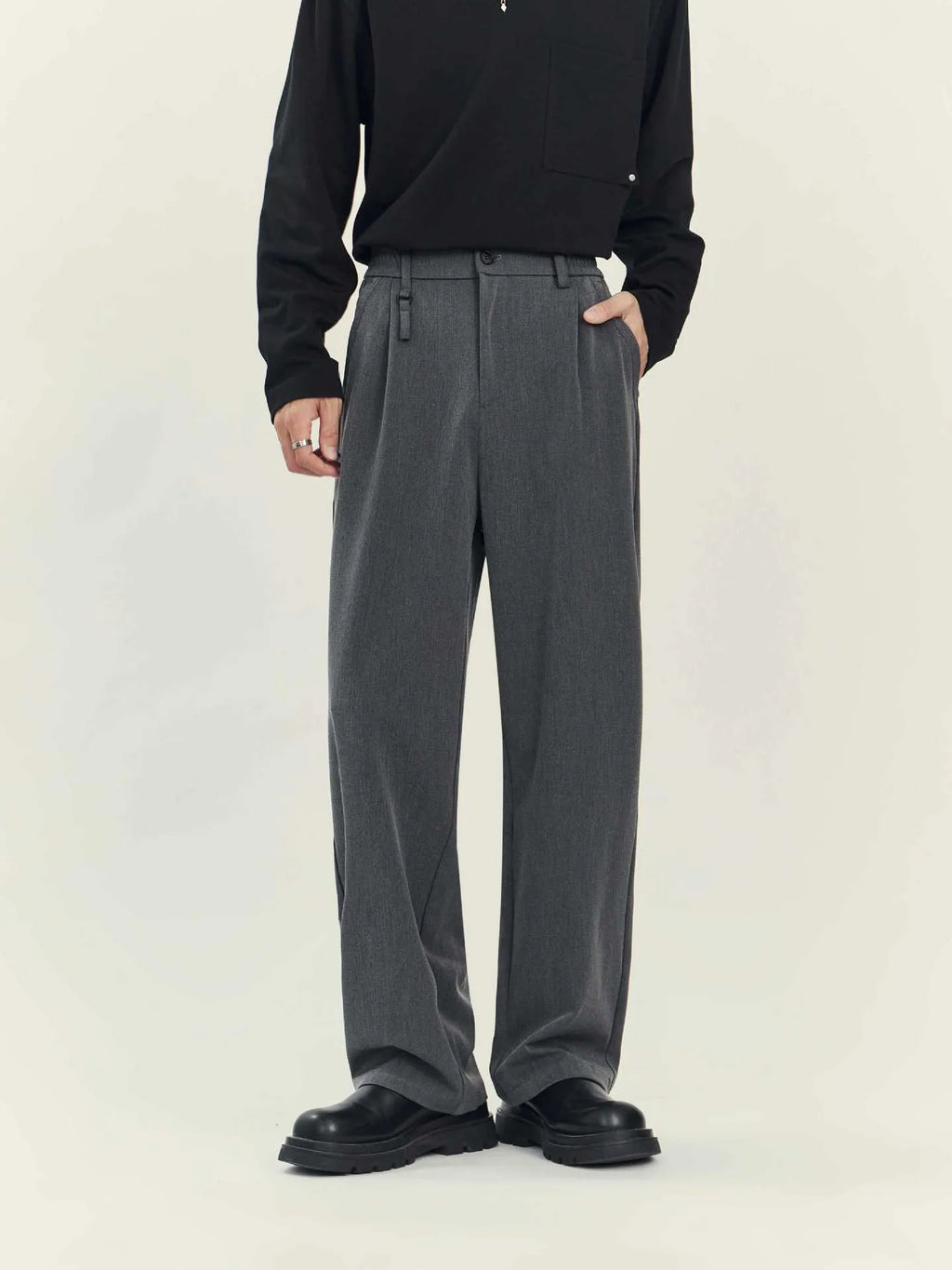 Men's draping loose straight-leg business casual trousers in black or grey