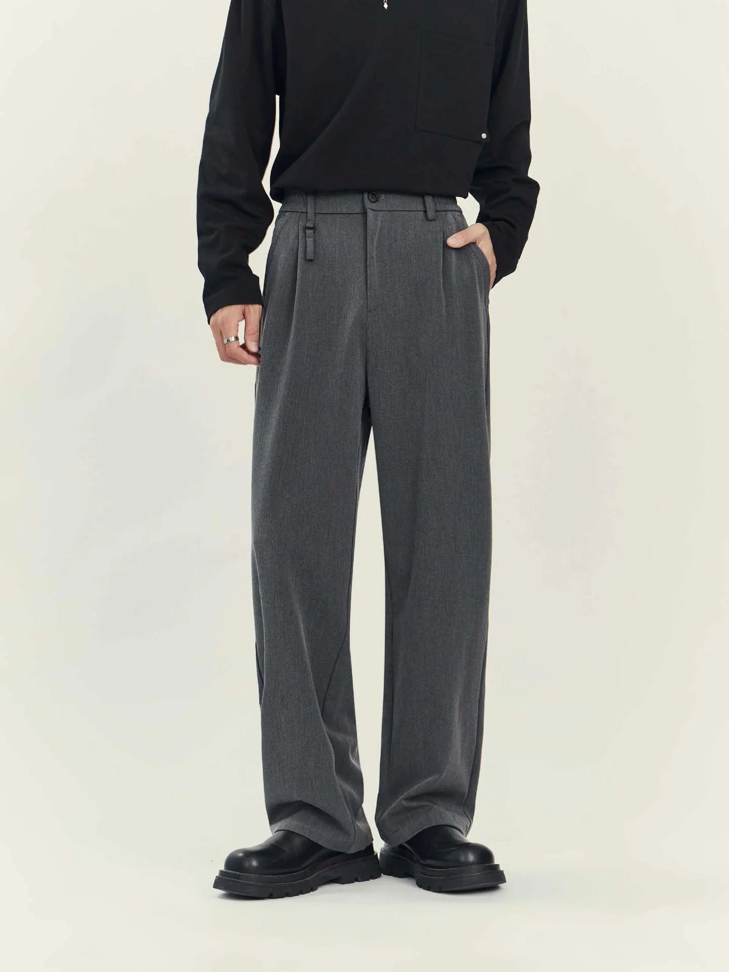 Men's draping loose straight-leg business casual trousers in black or grey