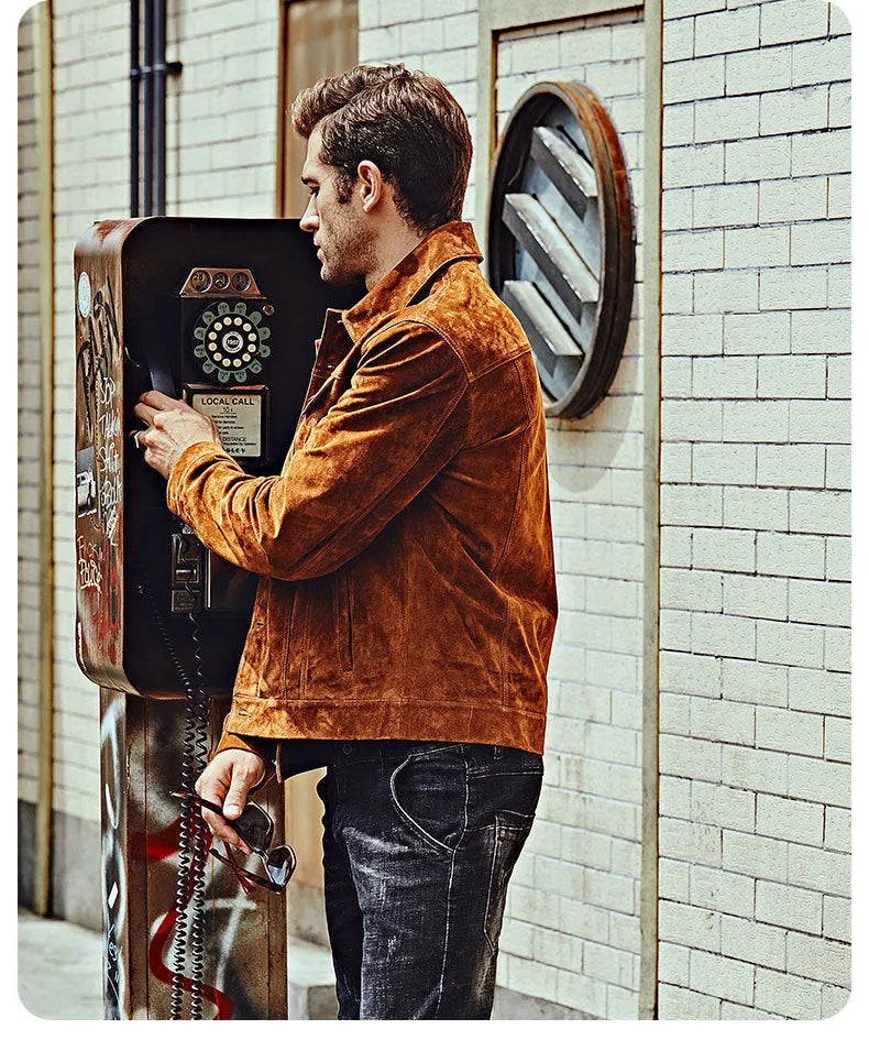 Men's brown pigskin leather biker jacket with asymmetric zip front and stand collar
