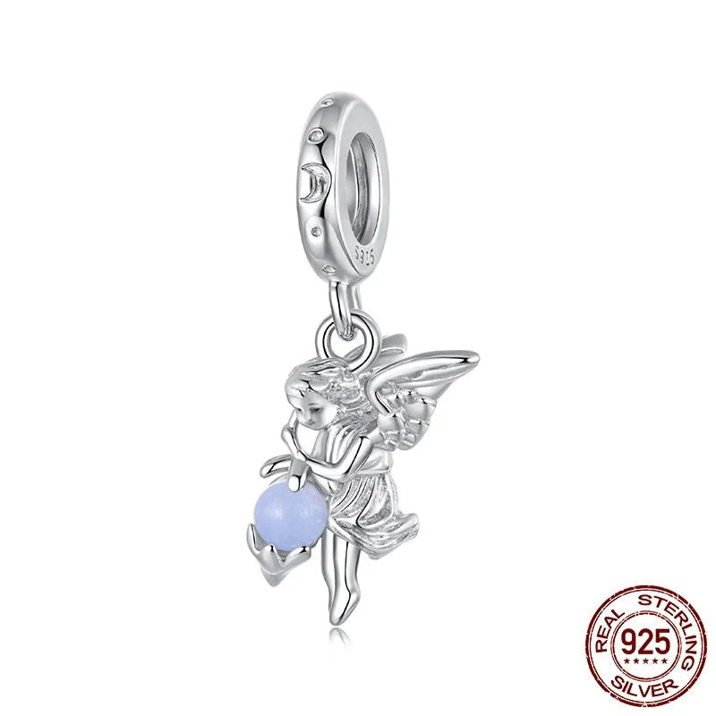 S925 sterling silver luminous angel pendant bead on a white background, showing 2.2cm height and 0.45cm aperture