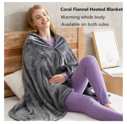 Grey coral fleece USB heated blanket showing carbon fibre heating elements and control button.