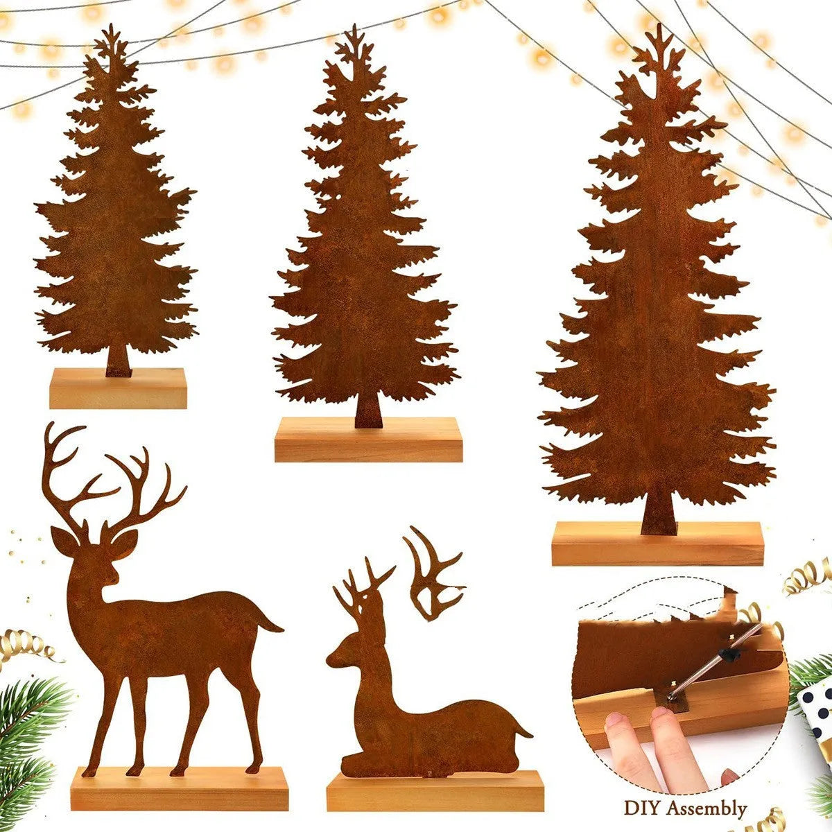 Set of three rusty metal Christmas ornaments featuring elk with antlers and trees, on a white background