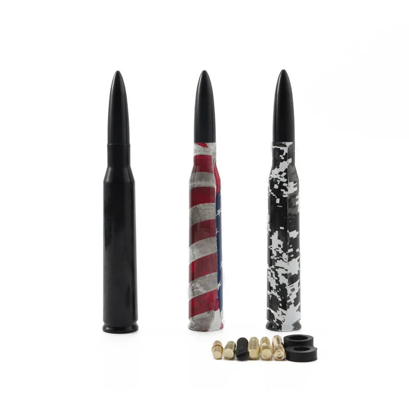 14cm long bullet-shaped car antenna in camouflage green, black, and American flag designs