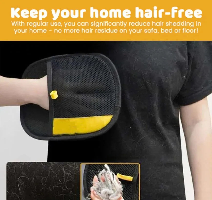 Yellow cat hair removal glove worn on hand for wiping cat hair from sofa, carpet or car seat