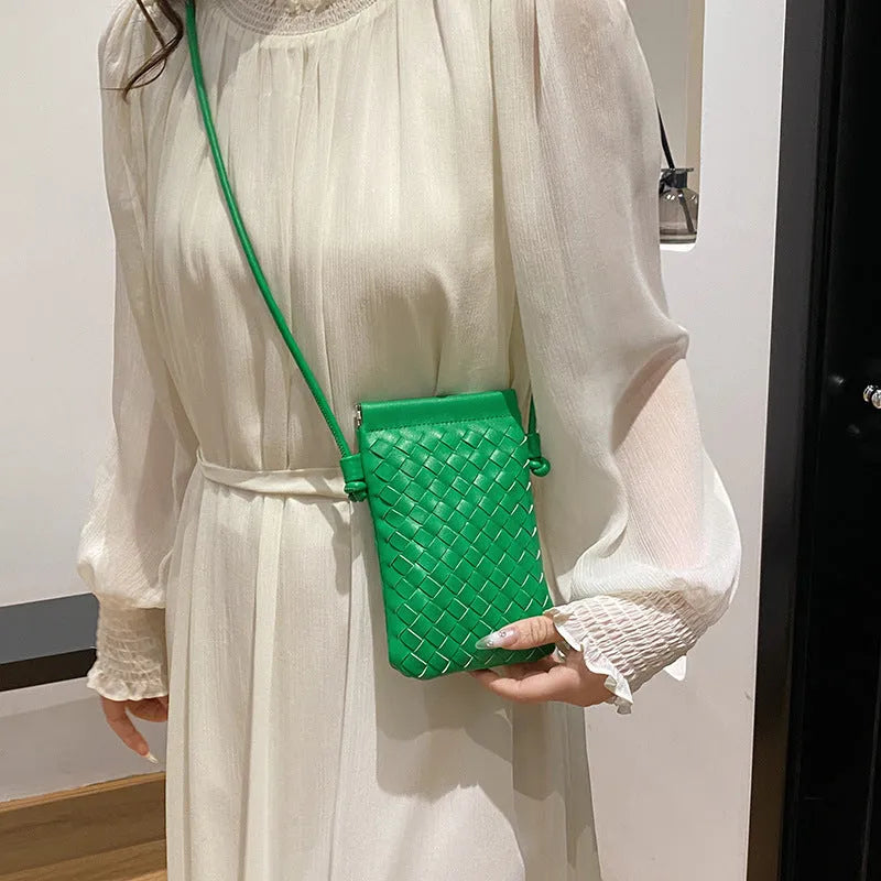 Vertical square PU crossbody bag with vintage weave texture in multiple colour options showing phone compartment.