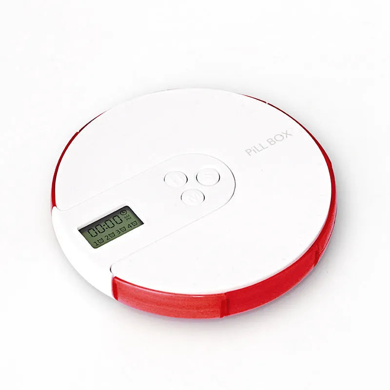 Blue 7-compartment electronic pill dispenser with alarm clock display on a white background.