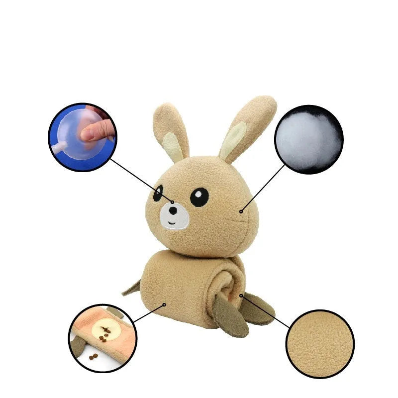 A 65 cm long plush Fleece Rabbit dog toy designed for sniffing games, sound-making, and bite-resistant chewing.
